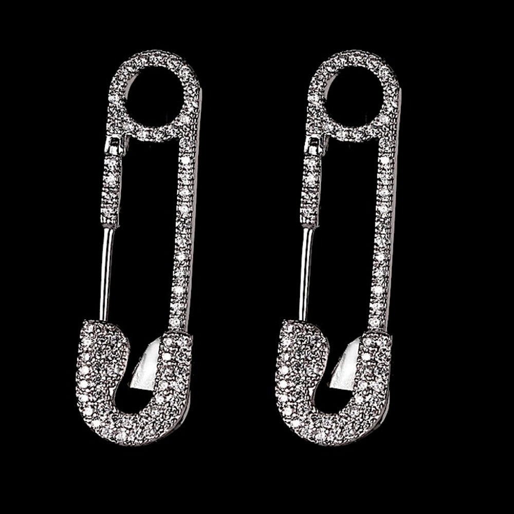 Silver Rhinestone Safety Pin Earrings, Minimalist